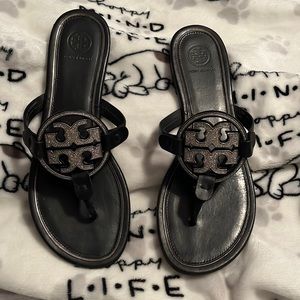 Tory Burch Miller, Sparkle Logo Sandal Black Leather woman’s 8.5